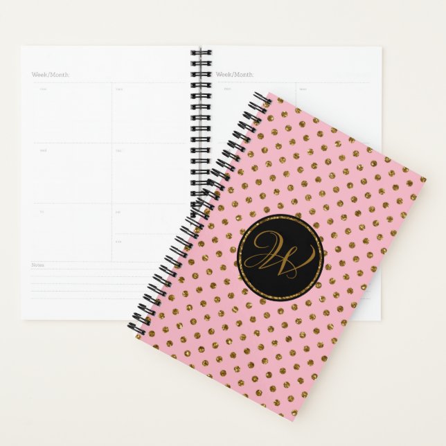 Modern Pink Gold Black Glitter Polka Dots Monogram Planner (Display)