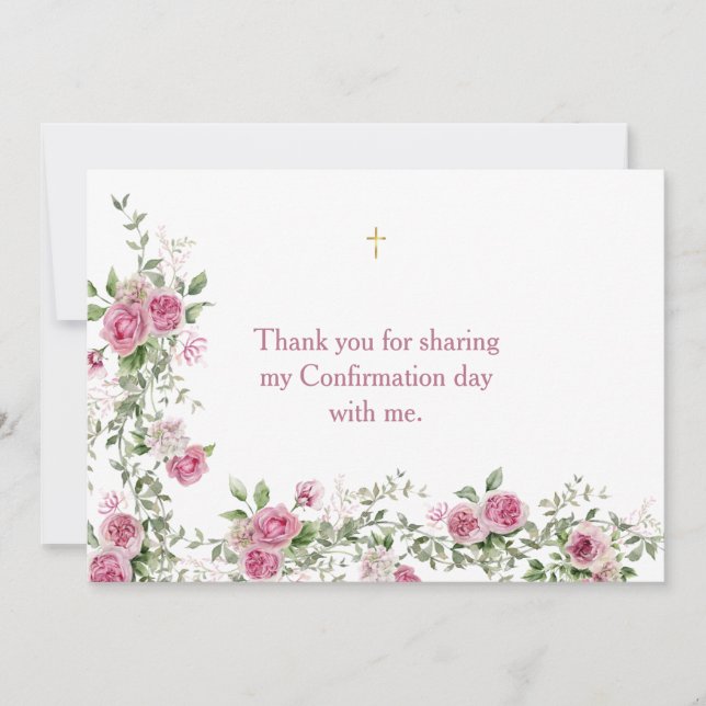 Modern Pink Gold Cross Confirmation Thank You Card (Front)