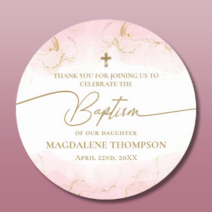 Modern Pink Gold Cross Girl Baptism Classic Round Sticker