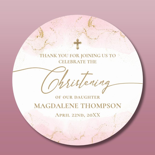 Modern Pink Gold Cross Girl Christening Classic Round Sticker (Creator Uploaded)