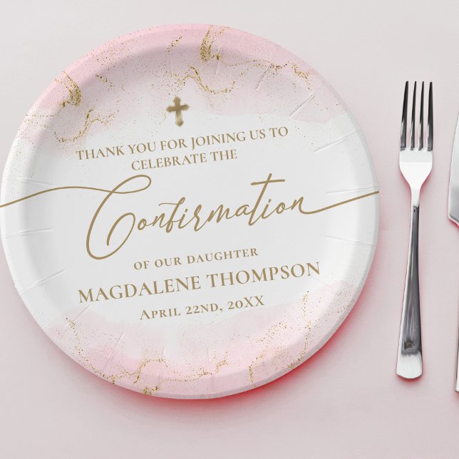 Modern Pink Gold Cross Girl Cofirmation Paper Plate (Creator Uploaded)