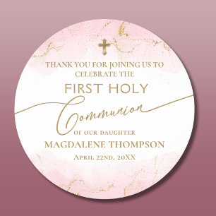 Modern Pink Gold Cross Girl First Holy Communion Classic Round Sticker