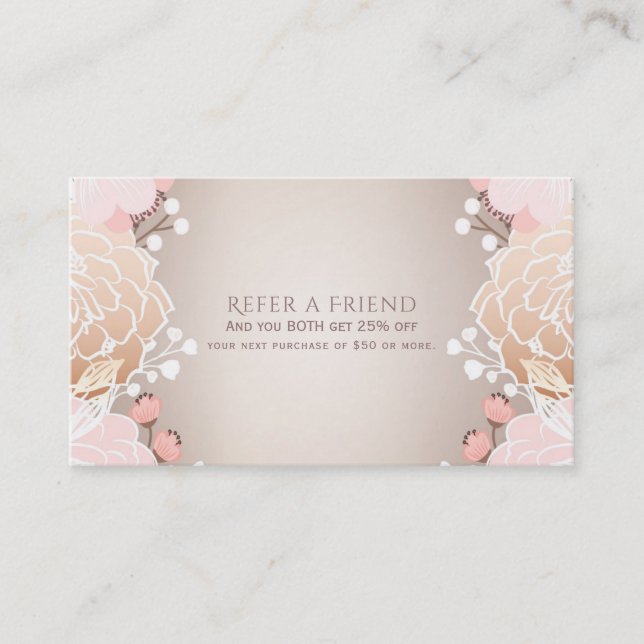 Modern Pink & Gold Floral Botanical Refer a Friend Referral Card (Front)