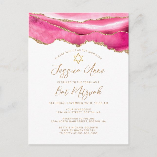 Modern Pink Gold Glitter Agate Bat Mitzvah Announcement Postcard (Front)