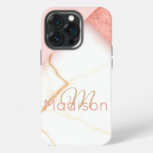 Modern Pink Gold Glitter Marble Monogram Name iPhone 13 Pro Case