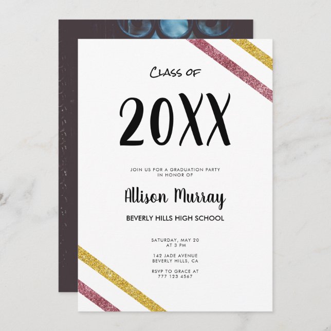 Modern Pink & Gold Glitter Script Photo Graduation Invitation (Front/Back)