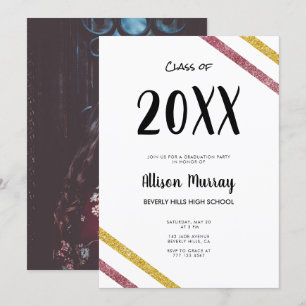 Modern Pink & Gold Glitter Script Photo Graduation Invitation