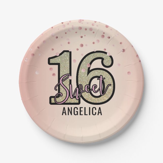 Modern Pink Gold Glitter Sweet 16 Sixteen Birthday Paper Plate (Front)