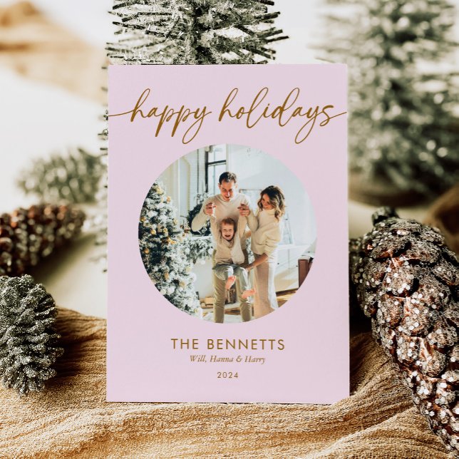 Modern Pink & Gold Happy Holidays Photo Holiday Card (Creator Uploaded)