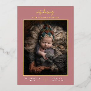 Modern Pink Gold Introducing Birth Announcement
