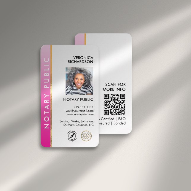 Modern Pink Gold Notary Logo QR Code Photo  Business Card (Creator Uploaded)