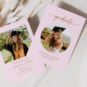 Modern Pink & Gold Photo Girl Graduation Invitation