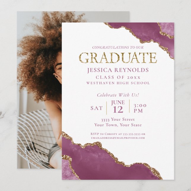 Modern Pink Gold Photo Graduation Party Invitation (Front/Back)