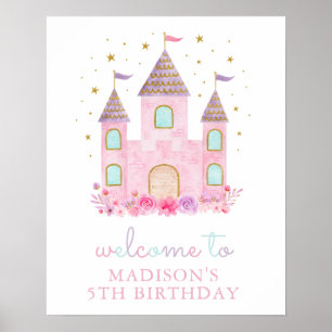 Modern Pink Gold Princess Castle Birthday Welcome Poster