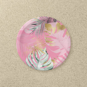 Modern Pink & Gold Tropical Leaves Birthday Party Paper Plate