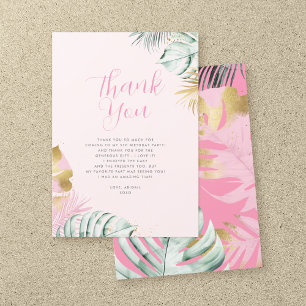 Modern Pink & Gold Tropical Leaves Birthday Thank You Card