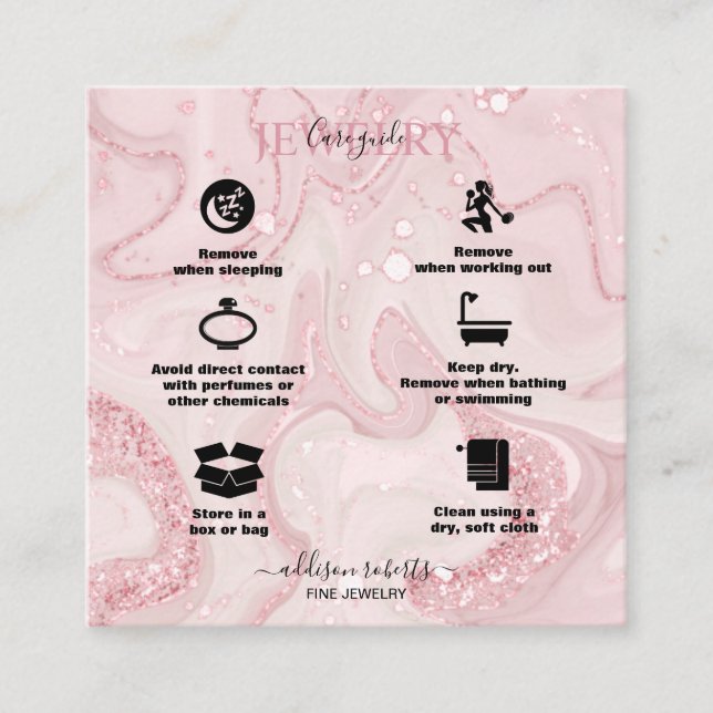 Modern Pink Gold Watercolor Jewellery Care   Square Business Card (Front)