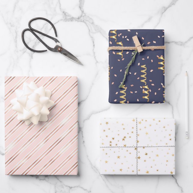 Modern Pink Gold White Navy Girly Wrapping Paper Sheet (Front)