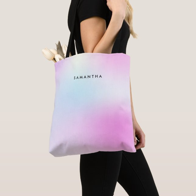 Modern Pink Gradient Monogram Name Tote Bag (Close Up)