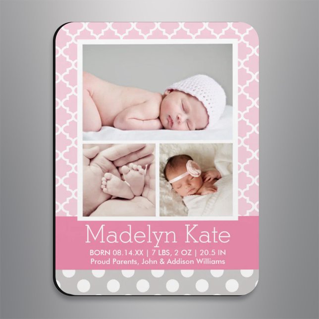 Modern Pink Gray Lattice Baby Girl Photo Birth Magnet (Creator Uploaded)