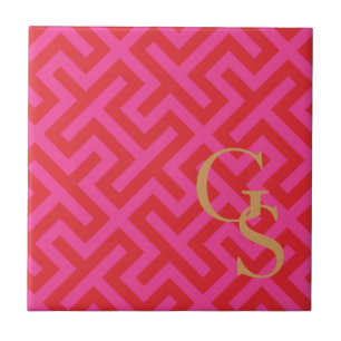 Modern pink greek key geometric patterns monogram tile