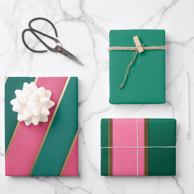 Modern Pink & Green and Gold Stripes  Wrapping Paper Sheet (Front)