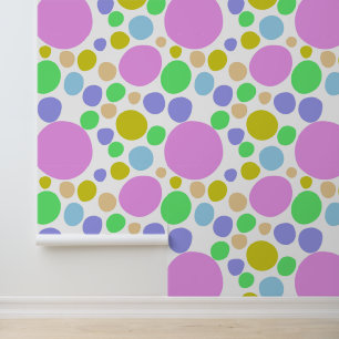 Modern, pink, green, blue and yellow funky dotty wallpaper