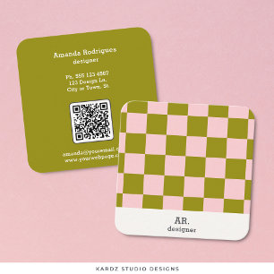 Modern Pink Green Checks Qr Code Square Business Card