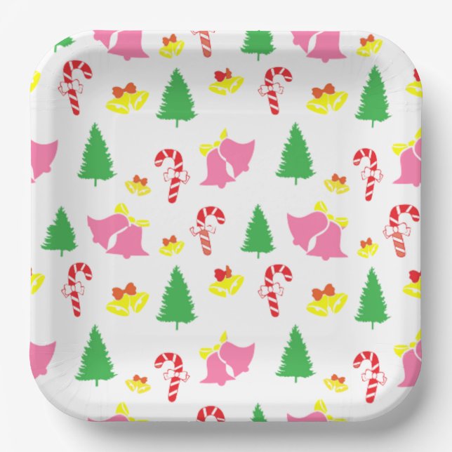 Modern Pink Green Christmas Pattern     Paper Plate (Front)