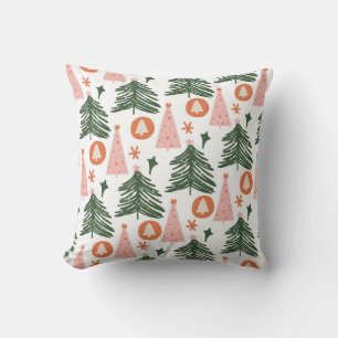 Modern Pink Green Christmas Tree Pattern Holiday Cushion