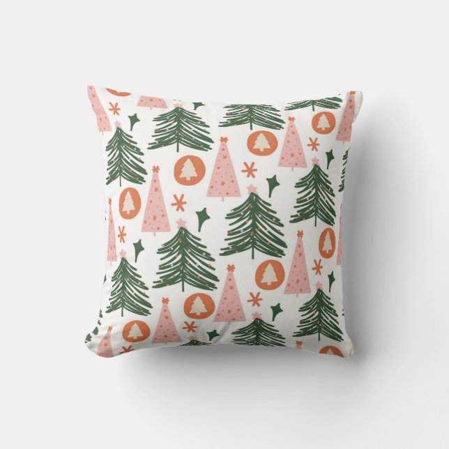 Modern Pink Green Christmas Tree Pattern Holiday Cushion (Front)
