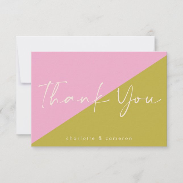 Modern Pink Green Colour Block Custom Wedding Thank You Card (Front)