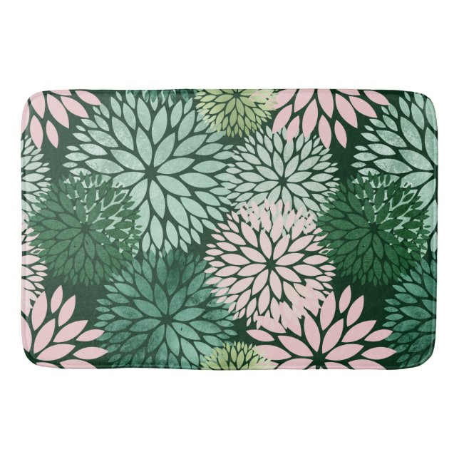 Modern Pink Green Dahlia Floral Bath Mat (Front)