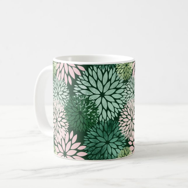 Modern Pink Green Dahlia Floral  Coffee Mug (Front Left)