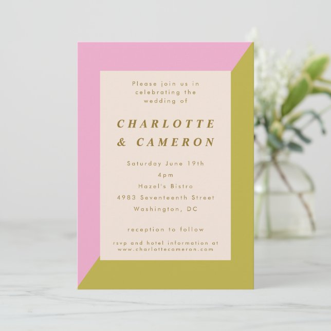 Modern Pink Green Geometric All In One Wedding Invitation (Standing Front)