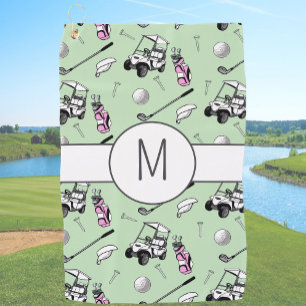 Modern Pink Green Lady Golfer Cute Custom Initial Golf Towel