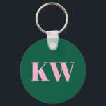 Modern Pink Green Monogram Initials Personalised Key Ring<br><div class="desc">This personalised keychain features bold serif initials in soft pink set against a green background.</div>