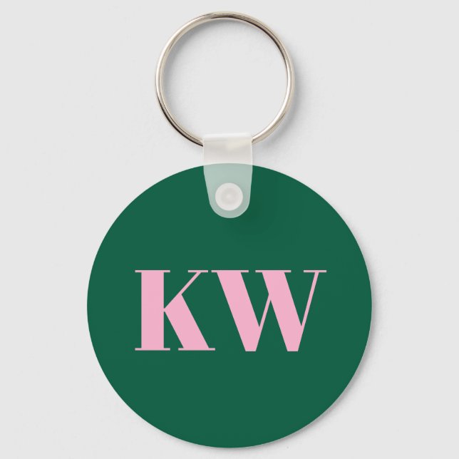 Modern Pink Green Monogram Initials Personalized Key Ring (Front)
