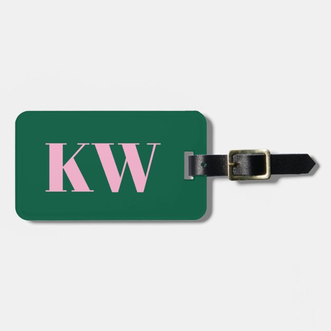 Modern Pink Green Monogram Initials Personalized Luggage Tag (Front Horizontal)