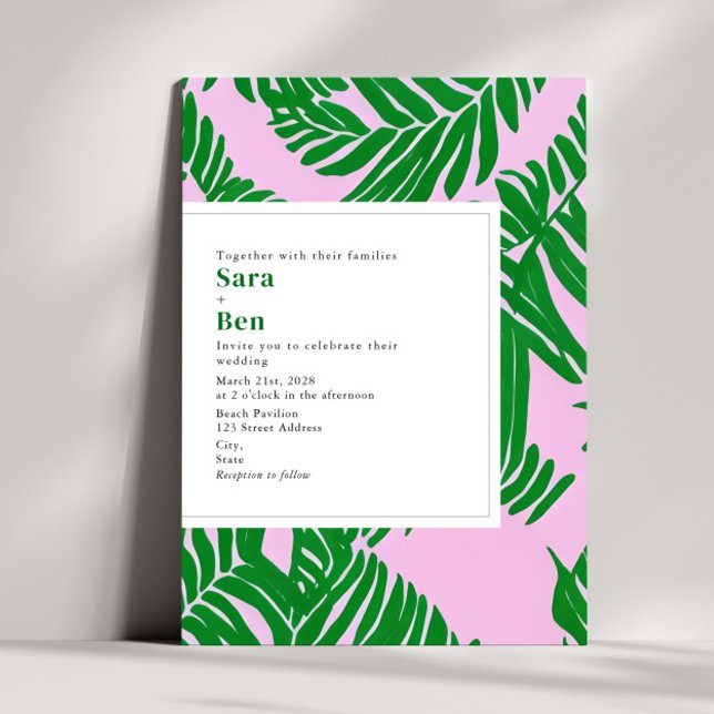 Modern Pink + Green Palm Tree Beach Wedding Invitation (Creator Uploaded)