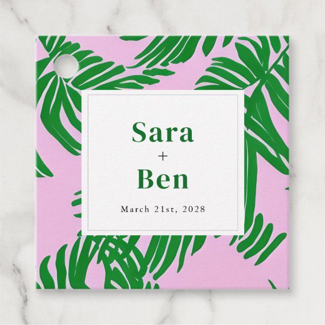 Modern Pink + Green Palm Tree Wedding Favour Tags (Front)