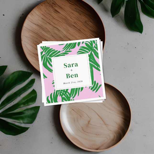 Modern Pink + Green Palm Tree Wedding Napkin (Creator Uploaded)