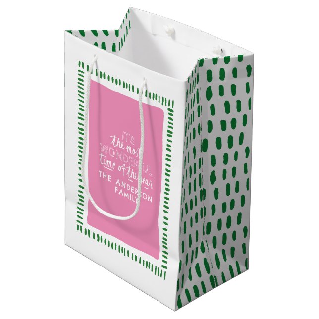Modern Pink & Green Personalised Holiday Gift Bag (Front Angled)