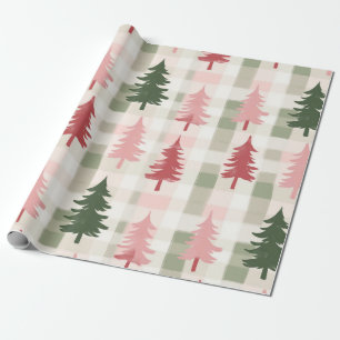 Modern Pink & Green Pine Tree Plaid Christmas Wrapping Paper