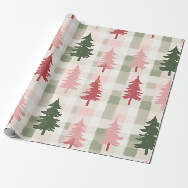 Modern Pink & Green Pine Tree Plaid Christmas  Wrapping Paper (Unrolled)