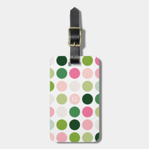 Modern pink green polka dots pattern monogram luggage tag
