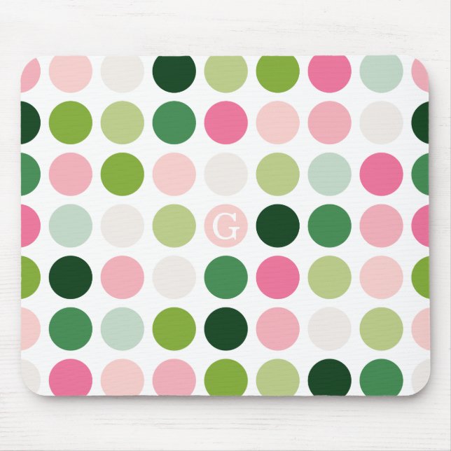 Modern pink green polka dots pattern monogram mouse pad (Front)