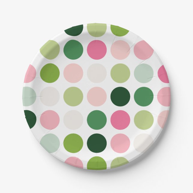 Modern pink green polka dots pattern monogram paper plate (Front)