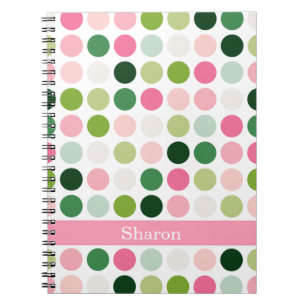 Modern pink green polka dots pattern monogram spiral notebook