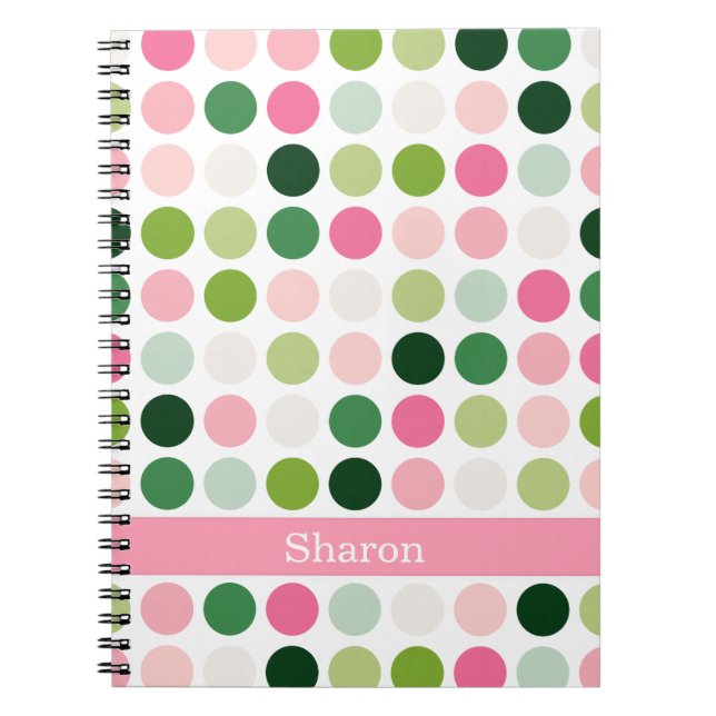 Modern pink green polka dots pattern monogram spiral notebook (Front)
